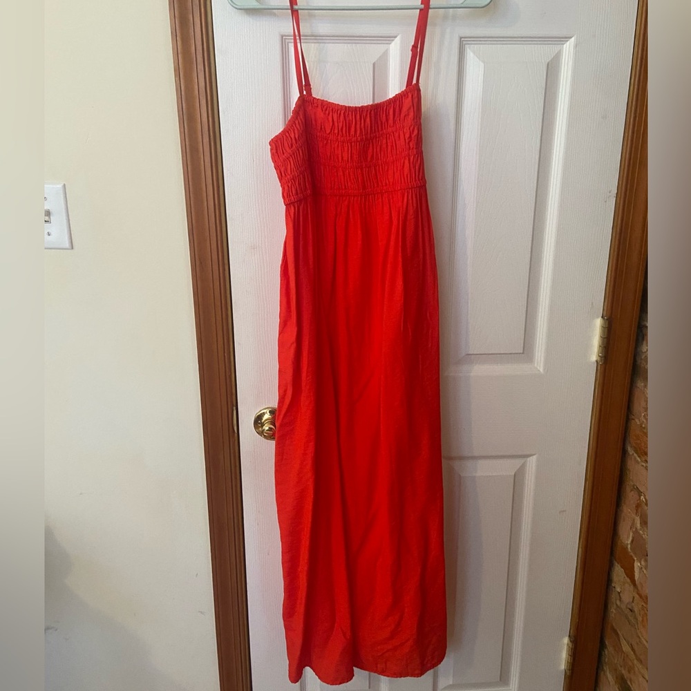 Red Smocked Midi Dress